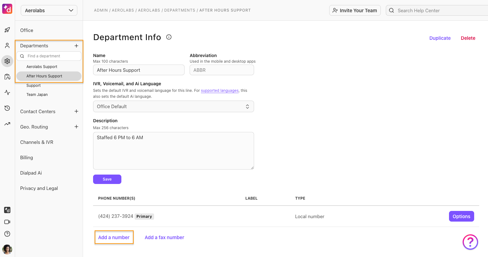 Department Info page