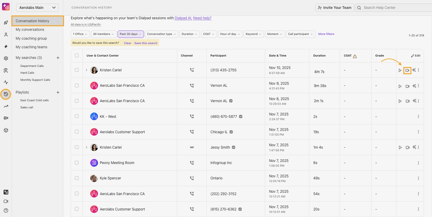 Option to view a screen capture from the Conversation History