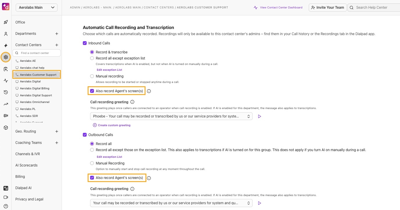 Settings page with option to enable agent screen capture