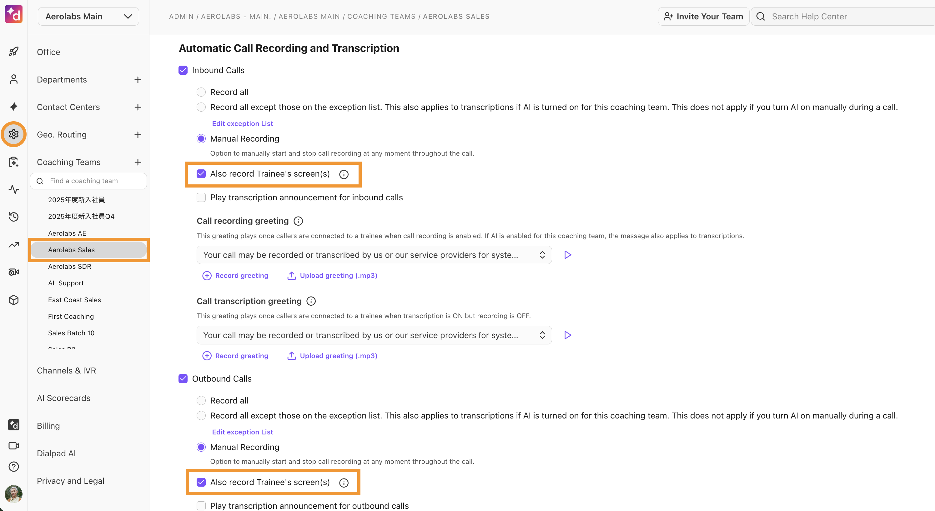 View of the Calling recording and Transcription settings screen. The option to allow for trainee screen captures of calls is highlighted.