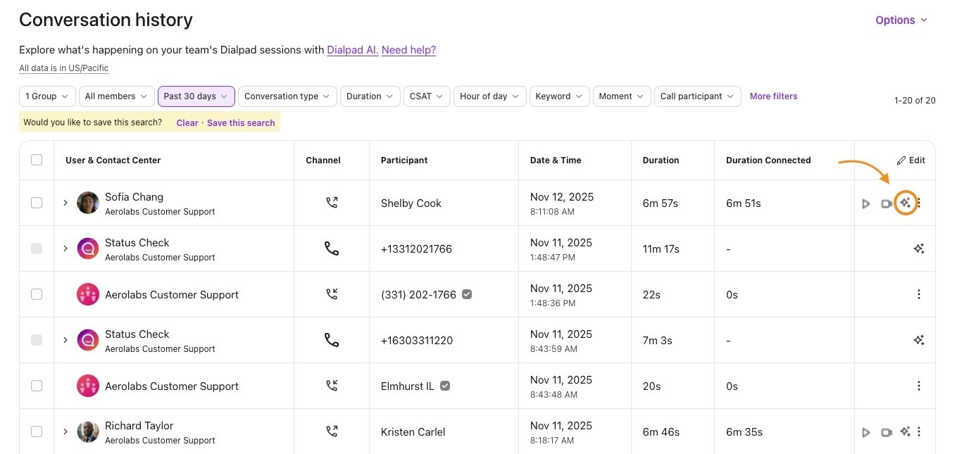 Accessing the call summary from the conversation history by selecting the AI icon