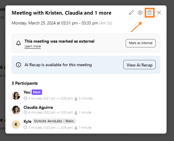 trash icon to delete meetings