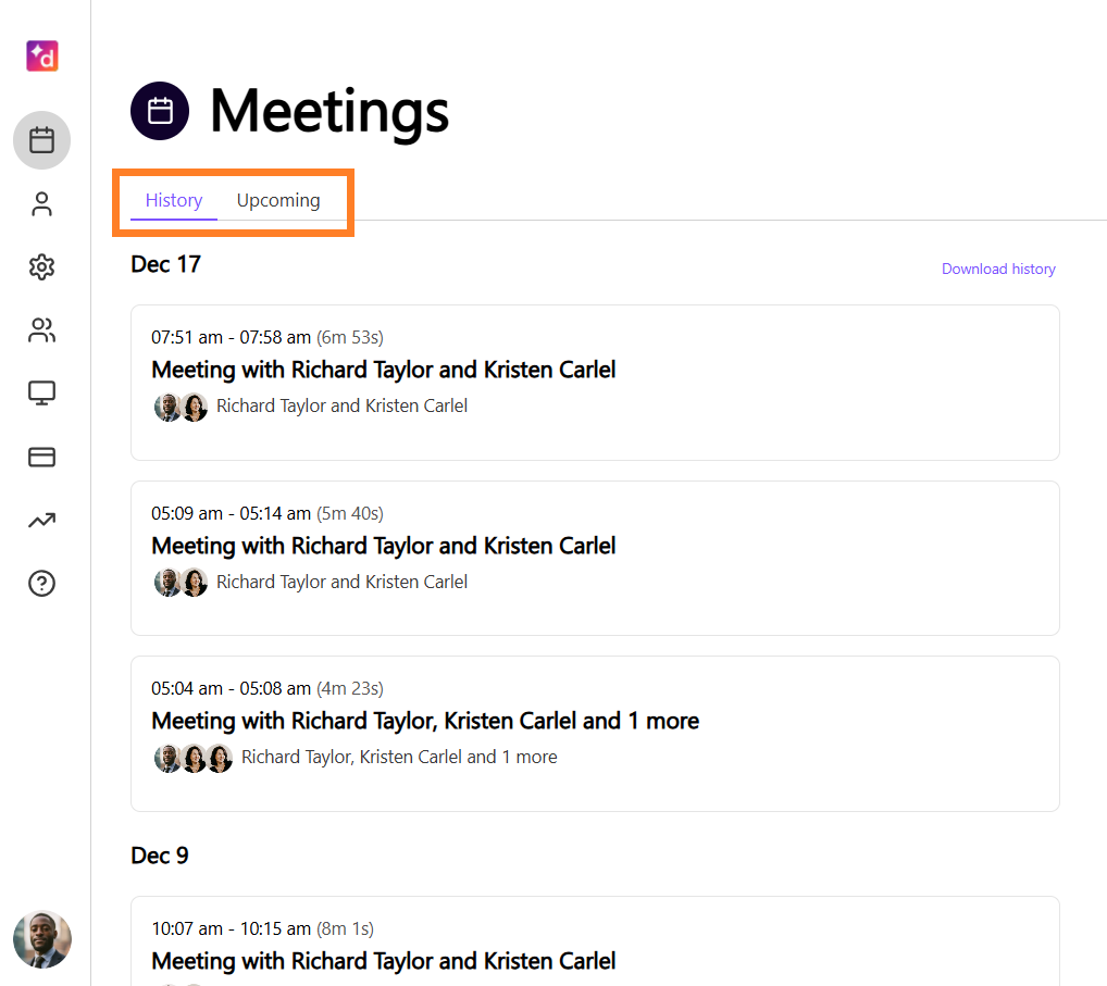 Meeting History and Upcoming tabs