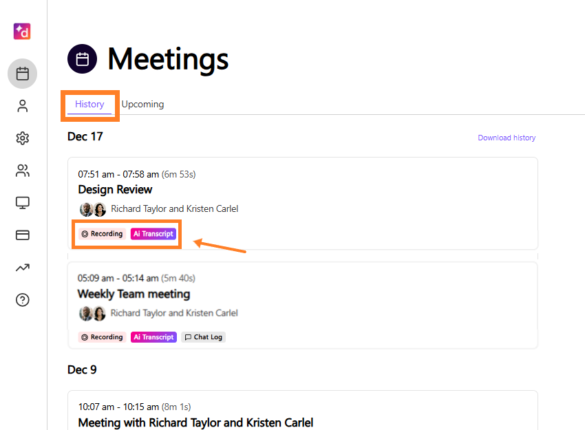 Meeting history tab