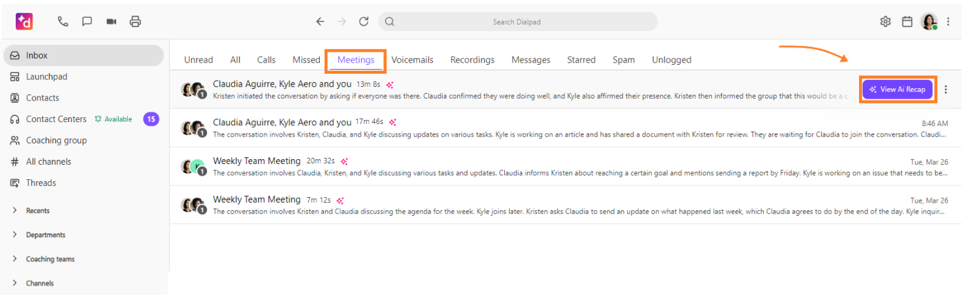 View AI recap button for sharing AI recap through Dialpad app