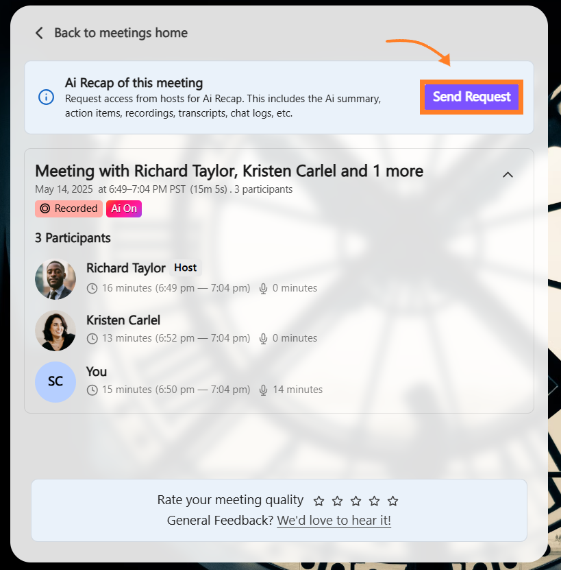 Send request&nbsp;button from the Dialpad Meetings exit page