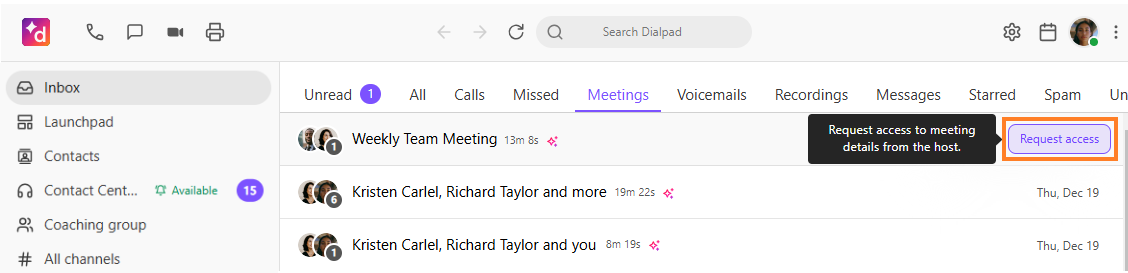 Request recap access&nbsp;from Dialpad app inbox