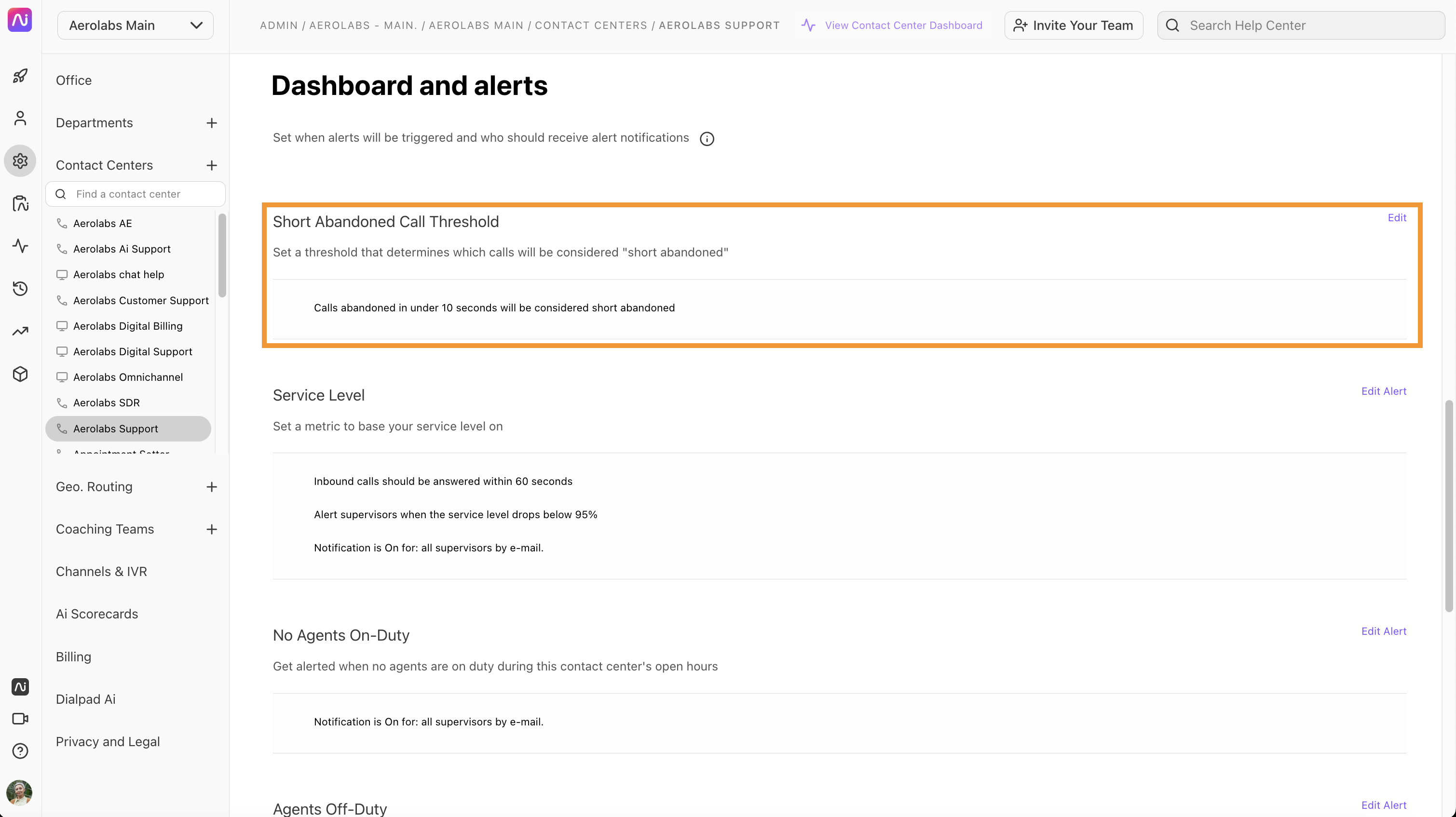 Dashboard settings for call thresholds and service level notifications in contact center management.