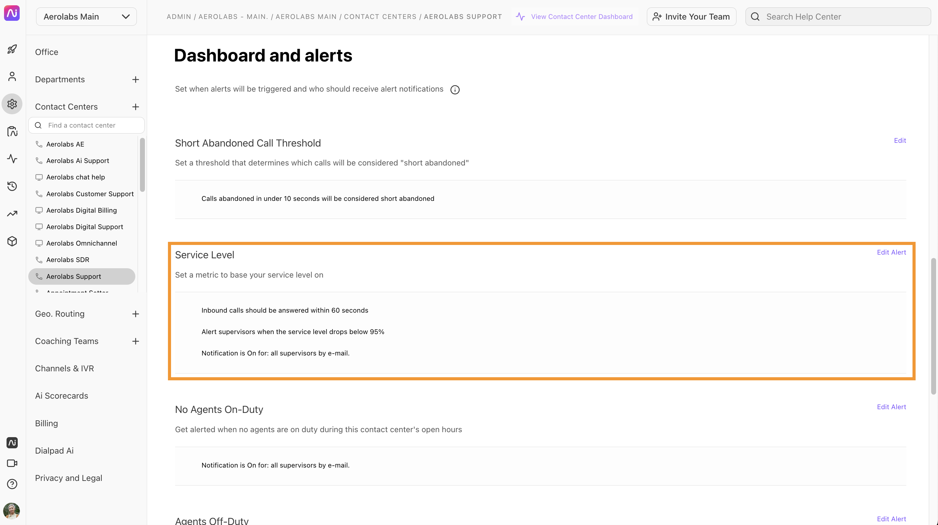 Dashboard settings for alert notifications regarding agent availability and service levels.