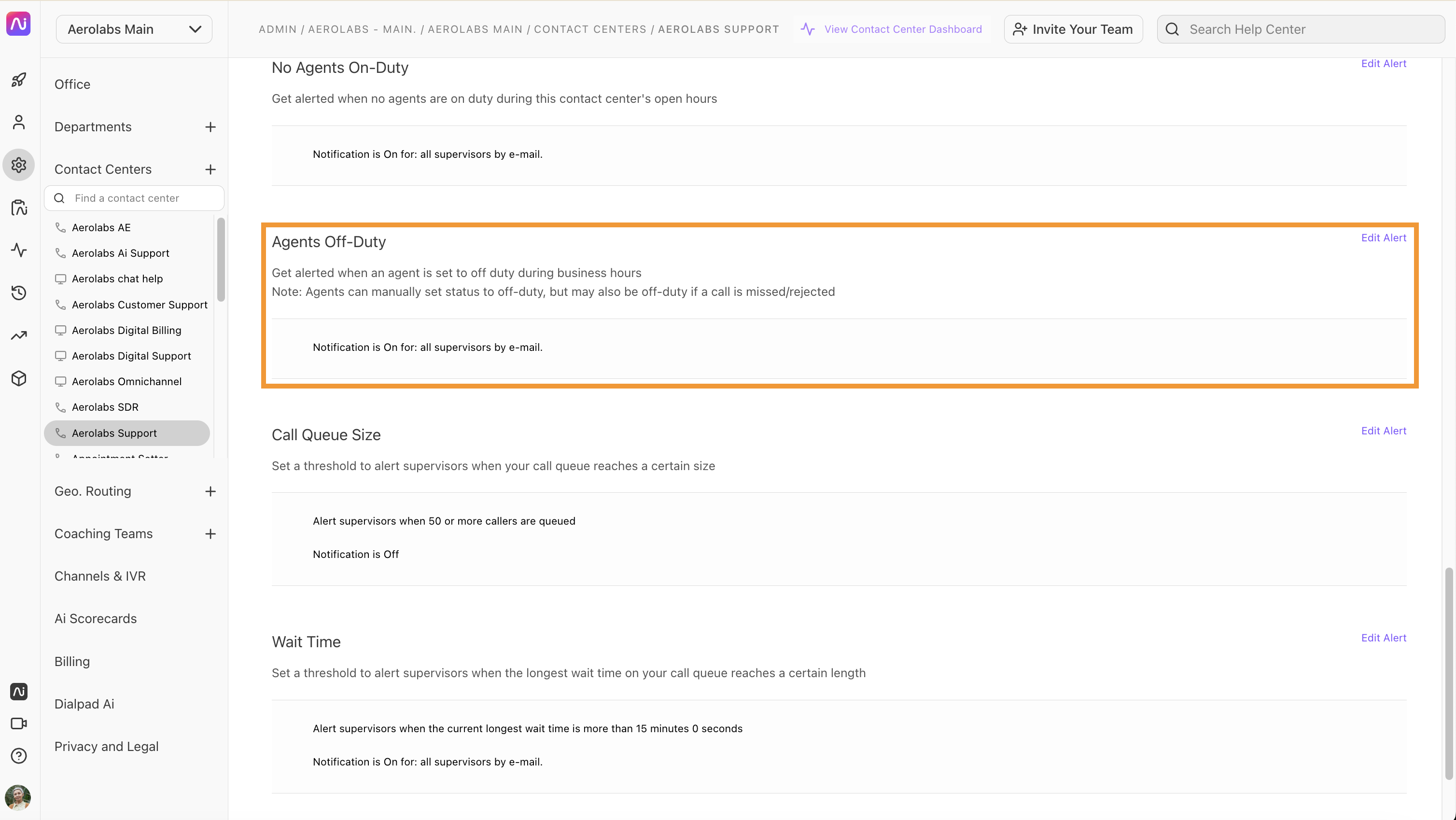Dashboard displaying call thresholds and service level metrics for contact centers.