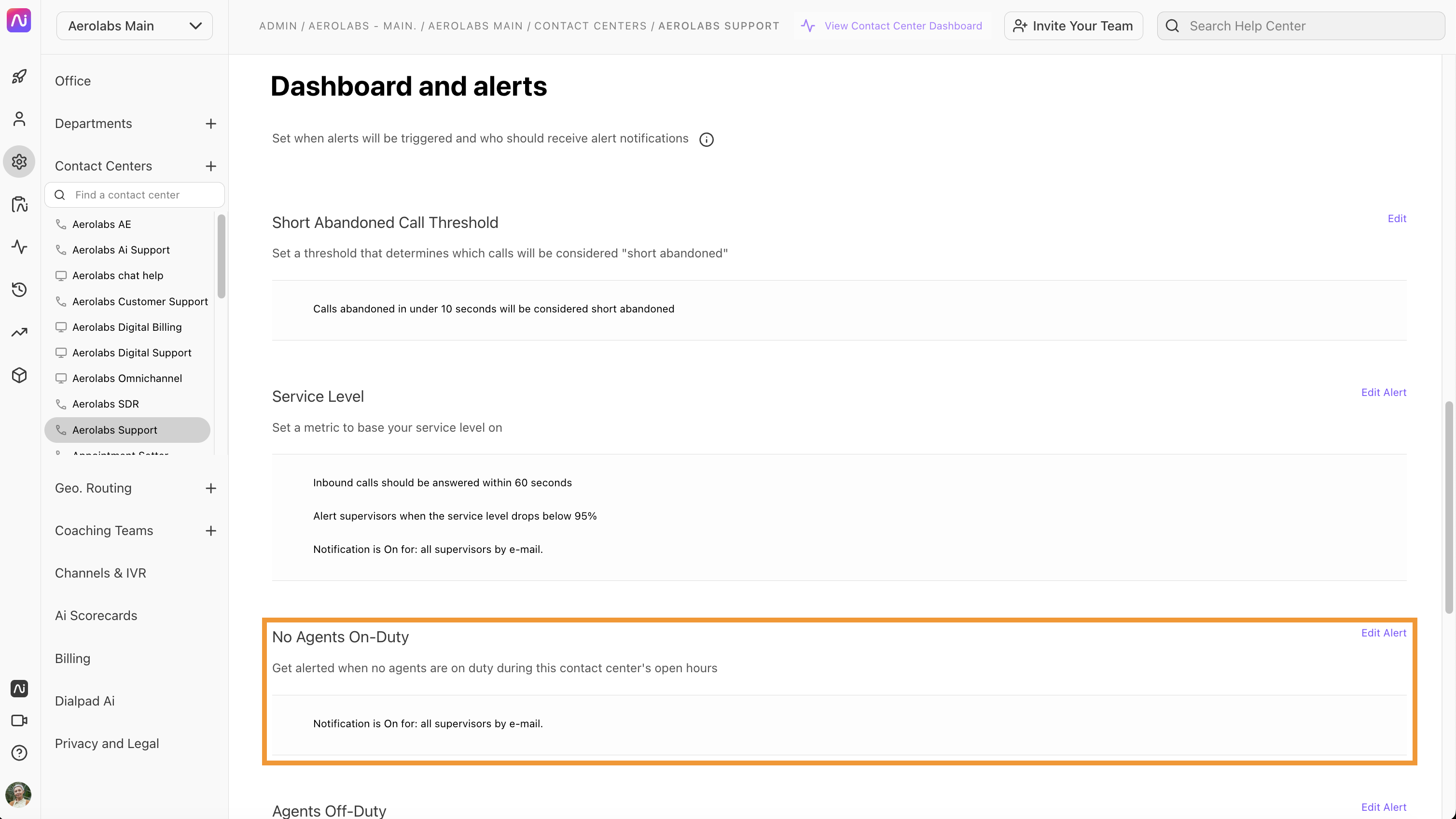 Settings for agent notifications regarding agents off duty.