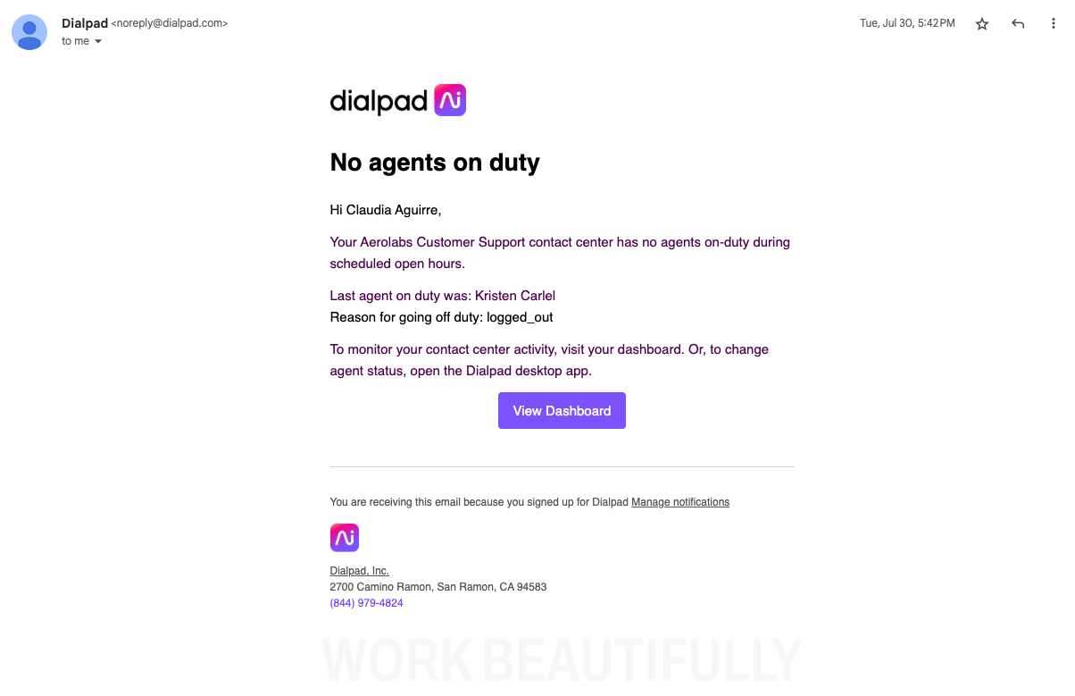 No agent on-duty email alert