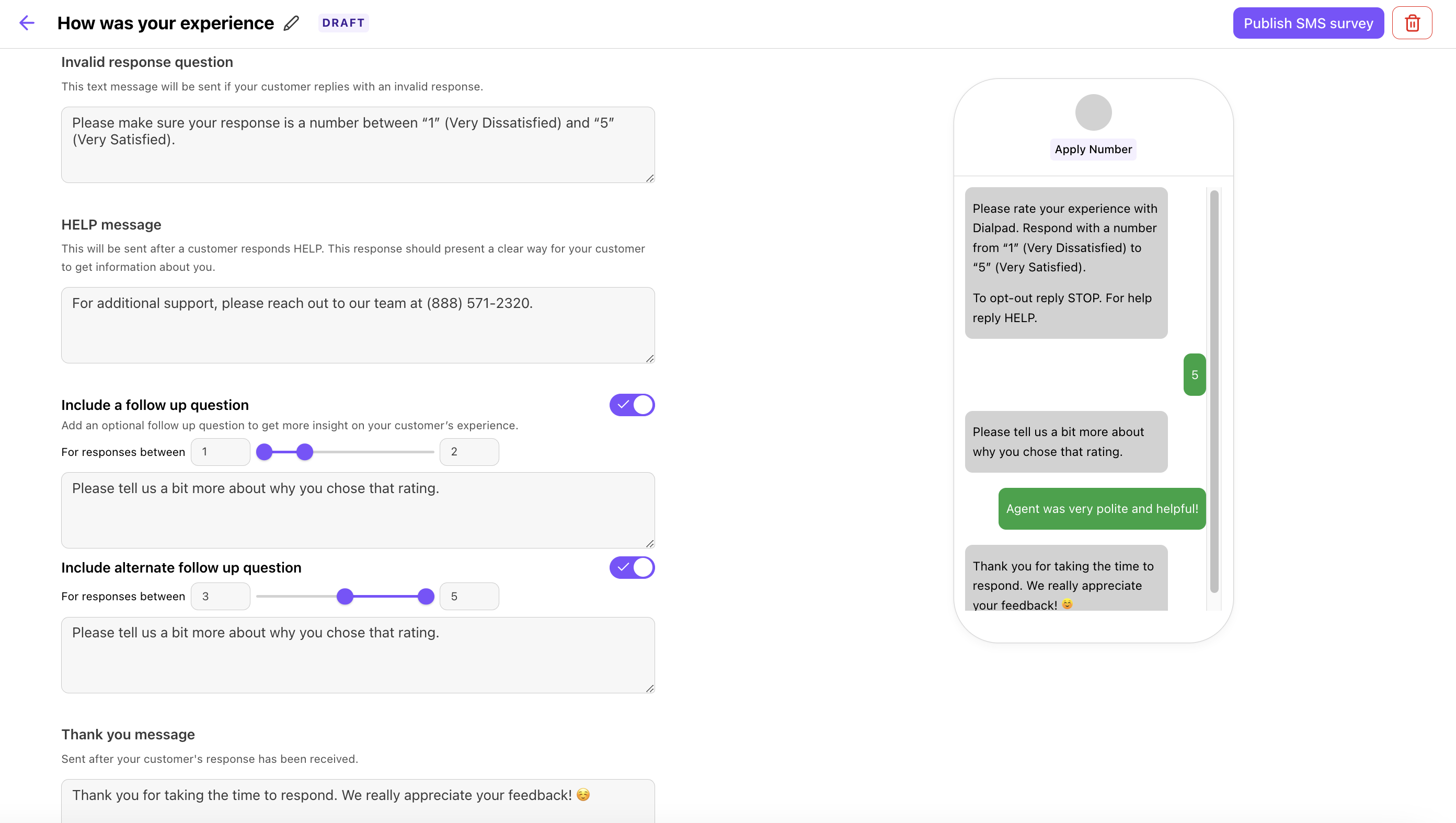 Customer feedback SMS survey with rating options and follow-up questions displayed.