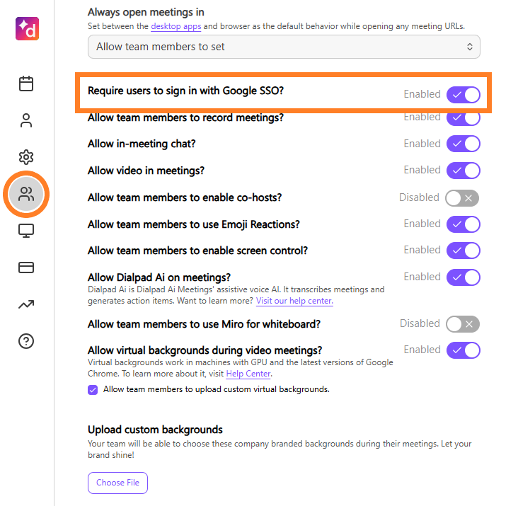 Require users to sign in with Google SSO toggle
