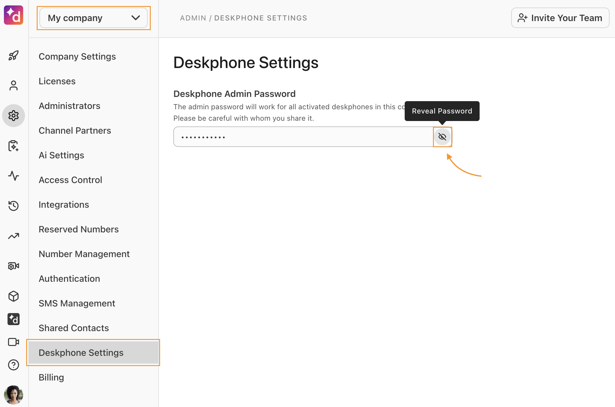 Settings page to view the desk phones admin password