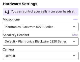 Hardware settings menu from the app