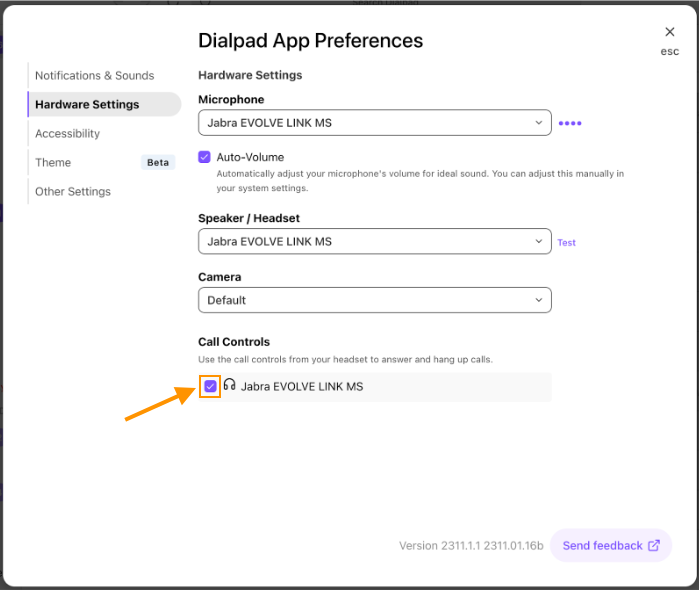 Dialpad app preferences window