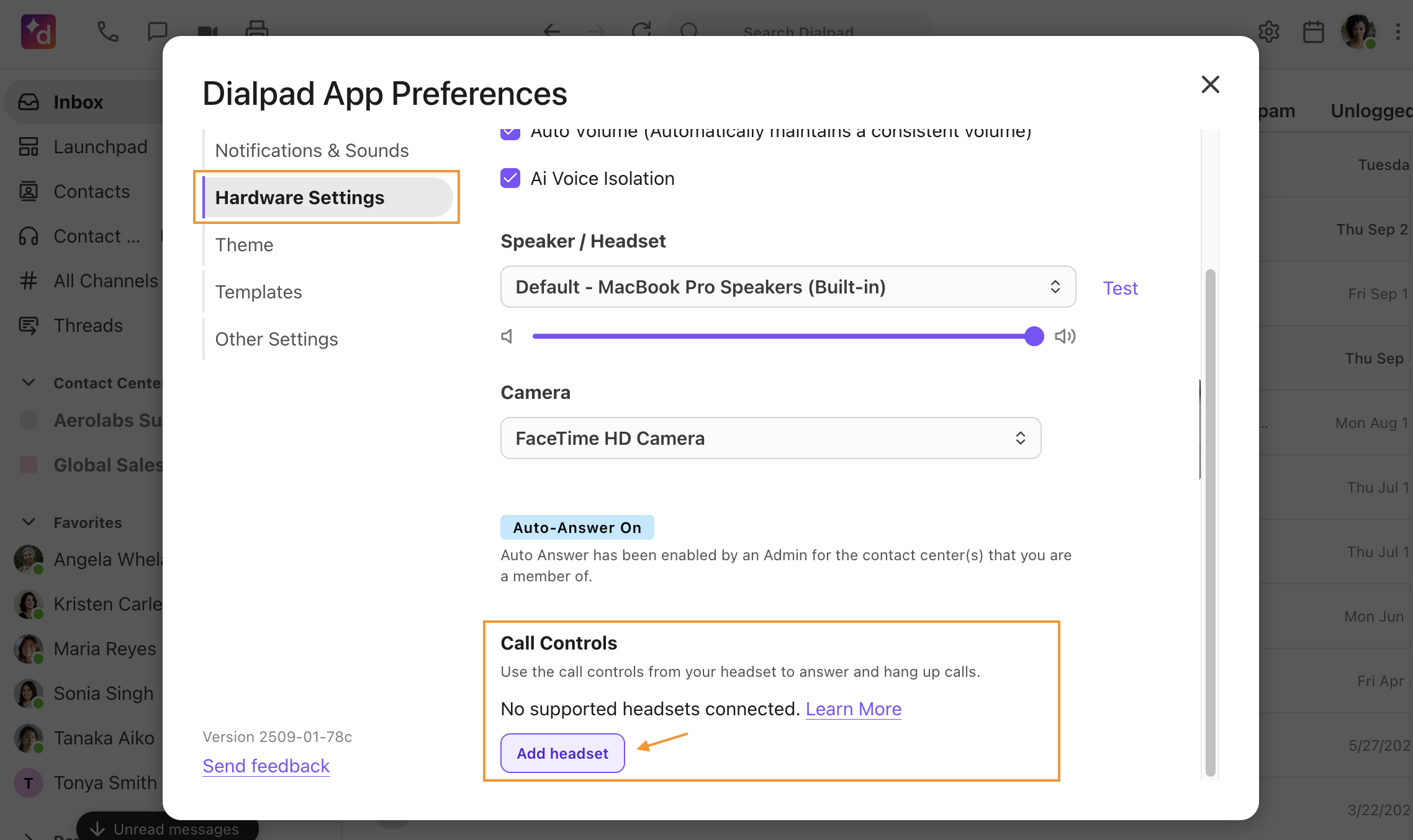 Hardware settings window with an option to add a device