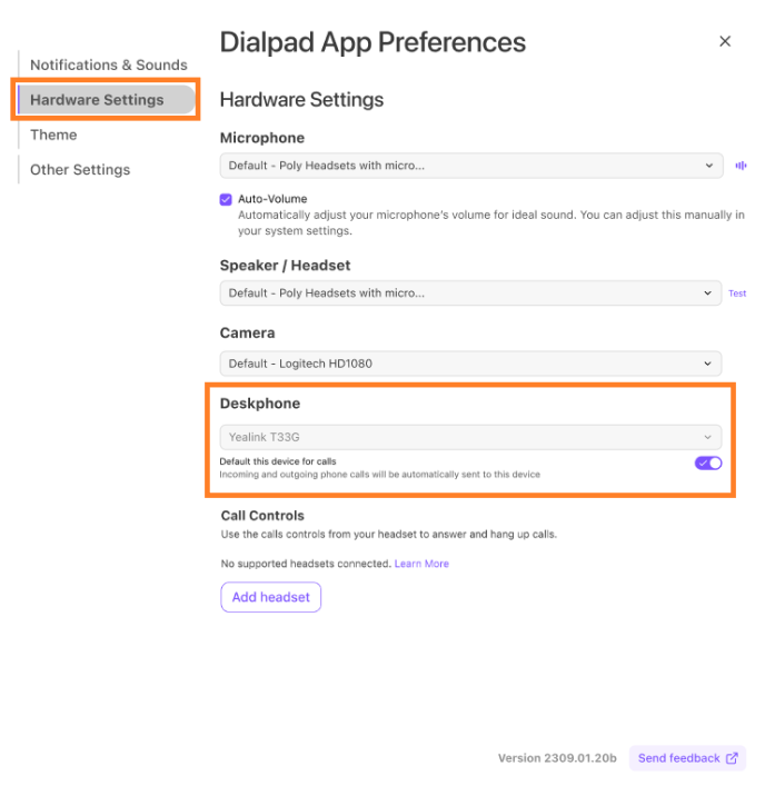 Dialpad App Preferences window, showing options for Hardware Settings