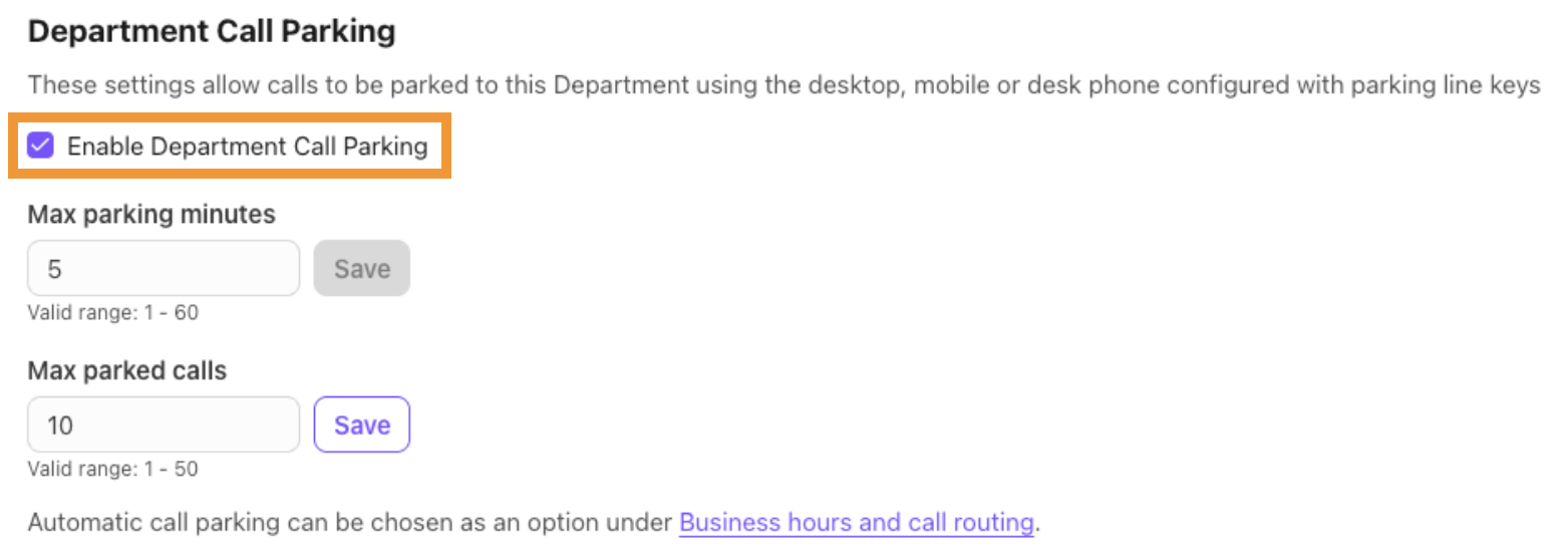 View of the Department Call Parking settings. The option to enable the feature is highlighted.