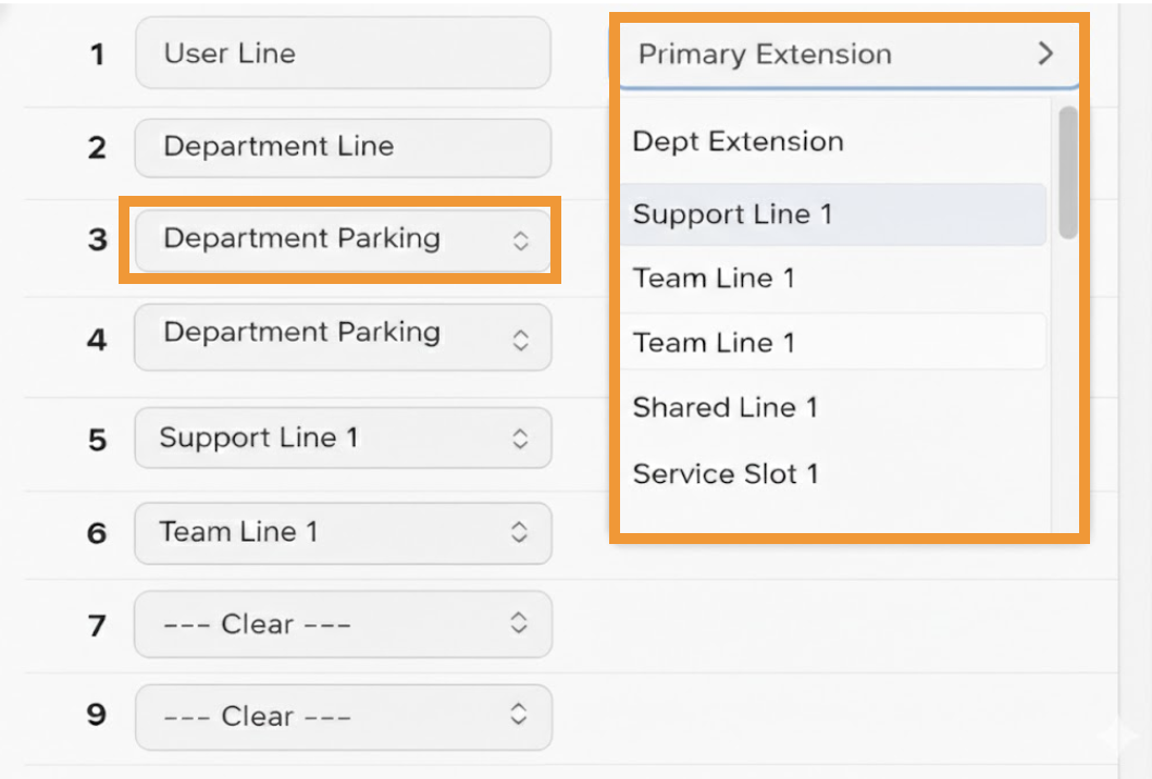 View of a desk phone configuration. It shows the department call parking option added for two line keys.