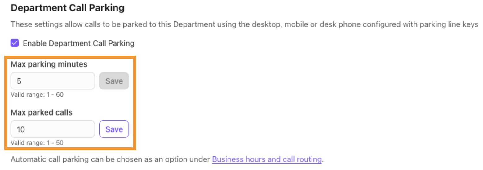Department Call Parking settings page. The options for maximum parking minutes and maximum parked calls are highlighted.