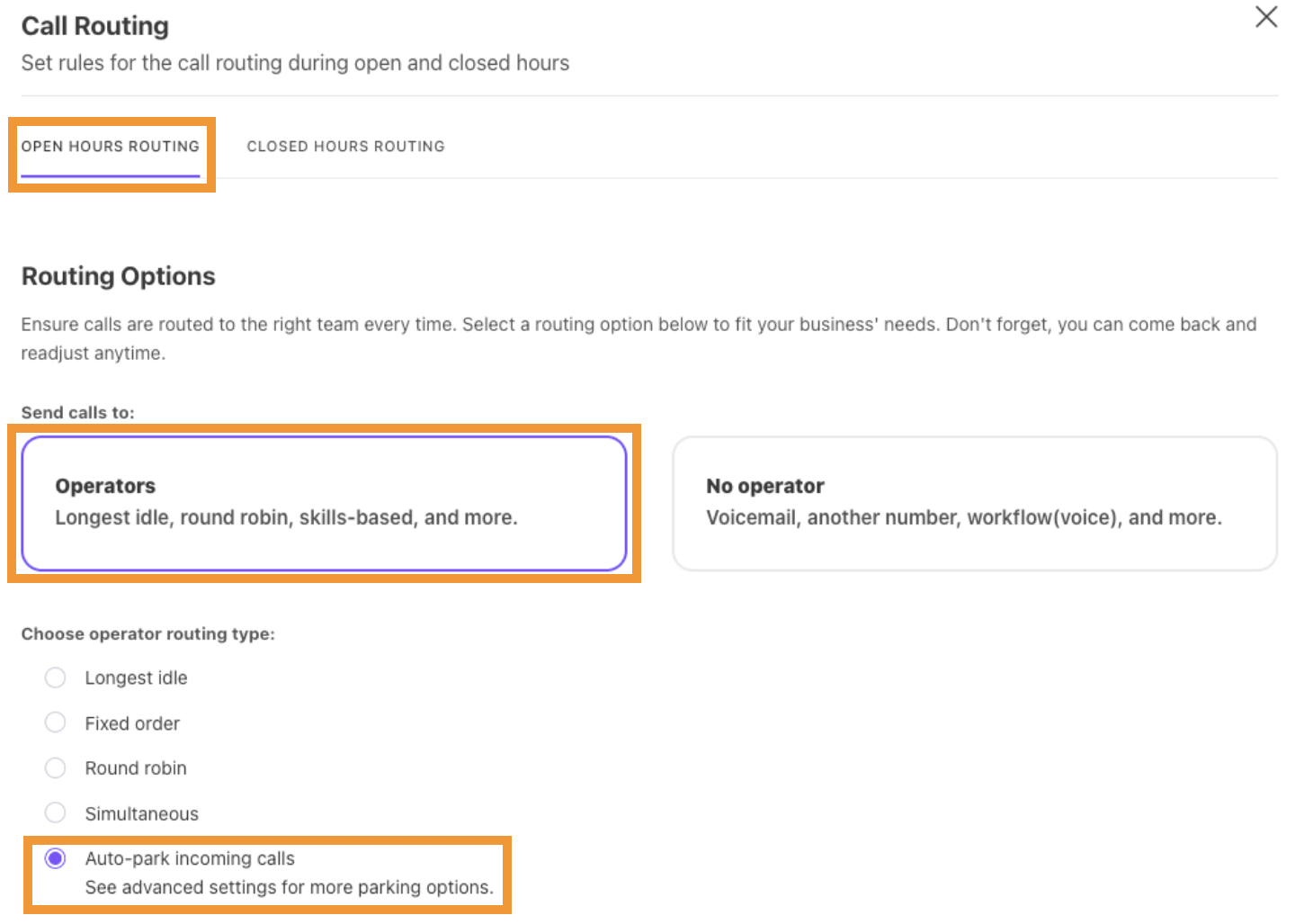 The call routing settings page, showing the option ot enable auto-park for incoming calls during open hours.