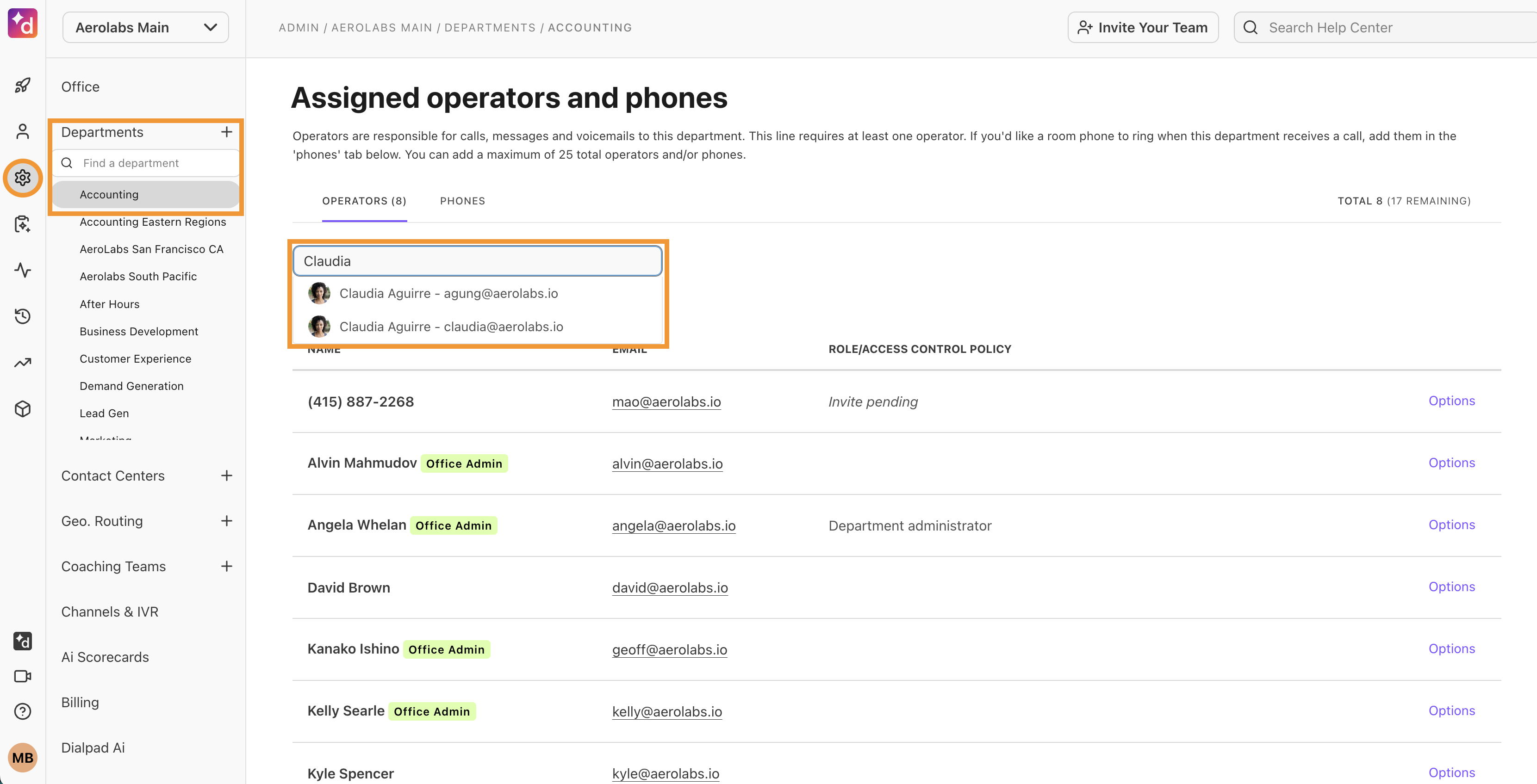 Department Settings page showing the option to add a user to a department.