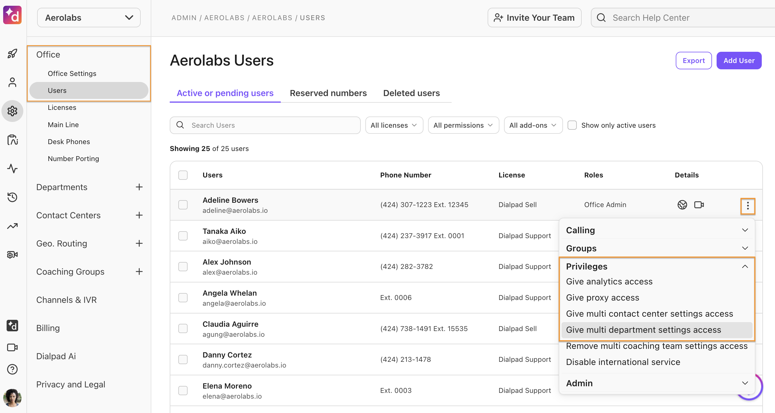 Privileges section of the users page