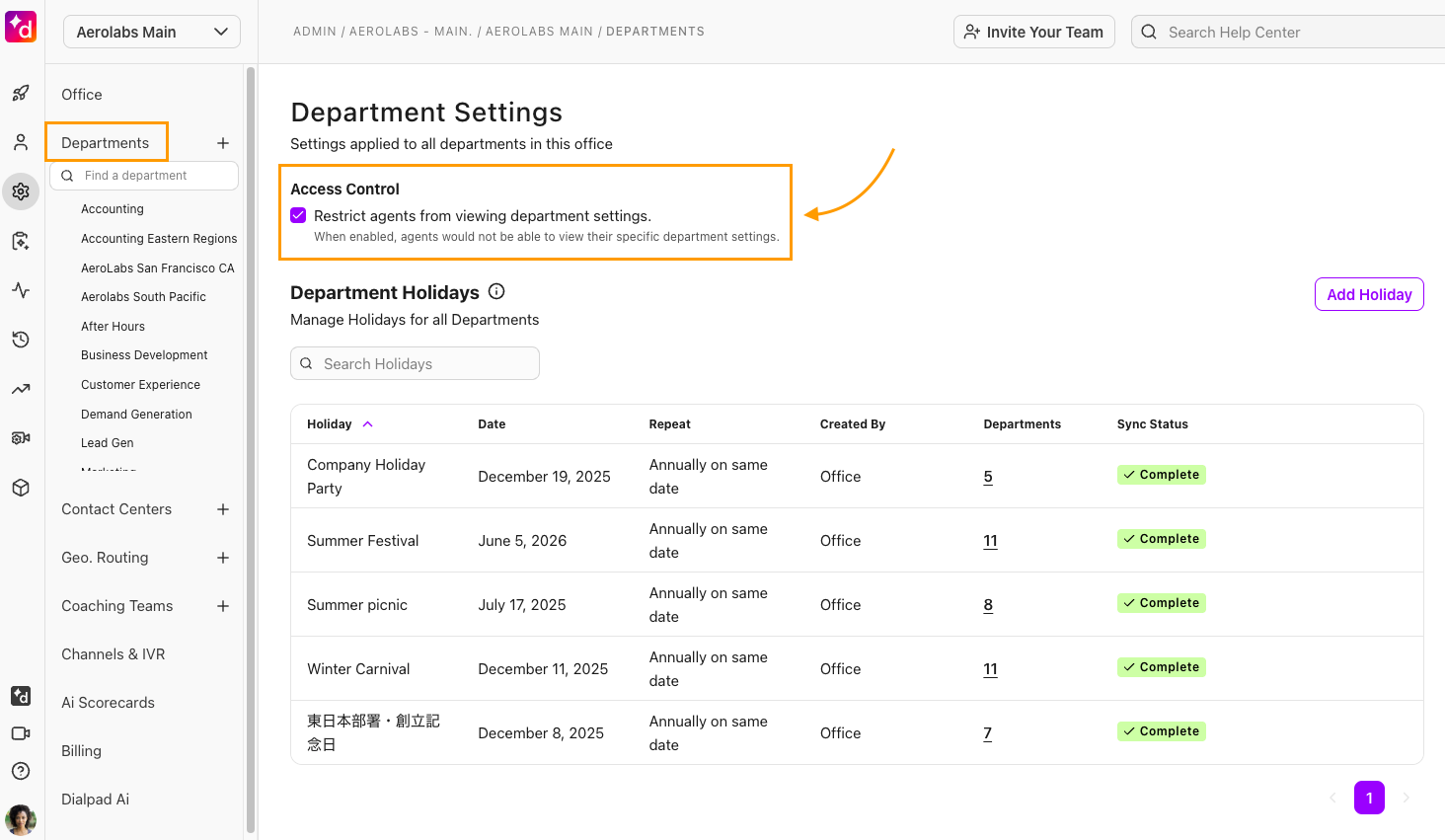 Allow access control from department settings