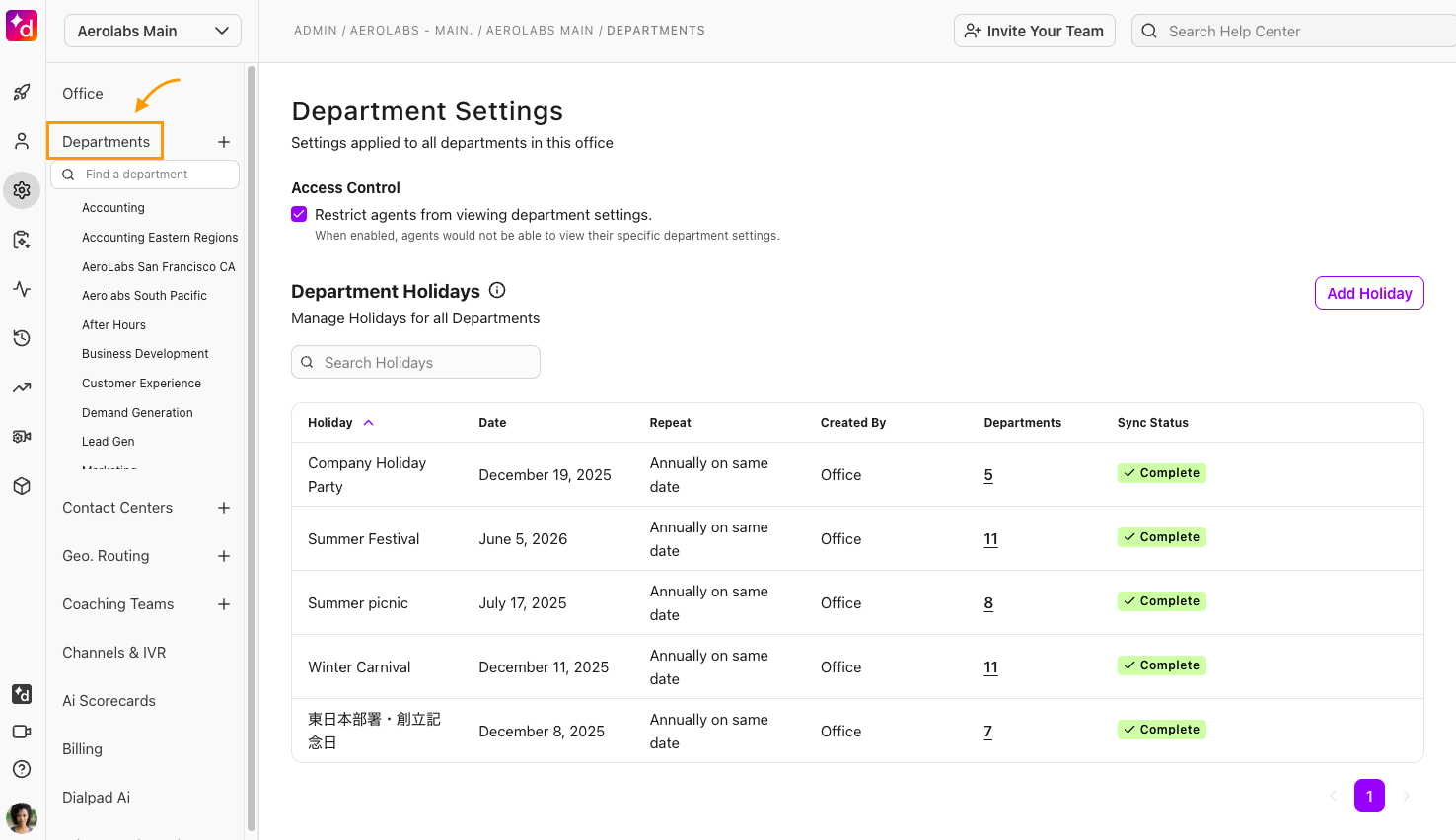 Global Department Settings Page