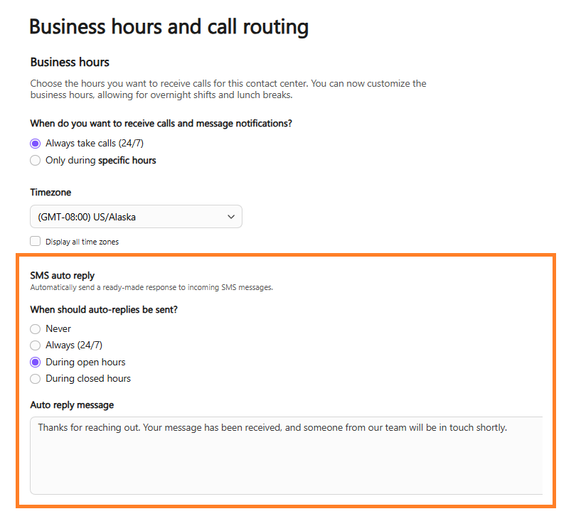 SMS Auto reply settings in business hours and call routing