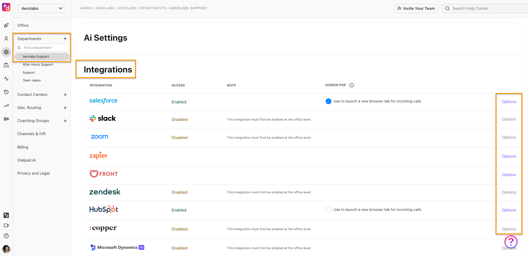Enabling department integrations
