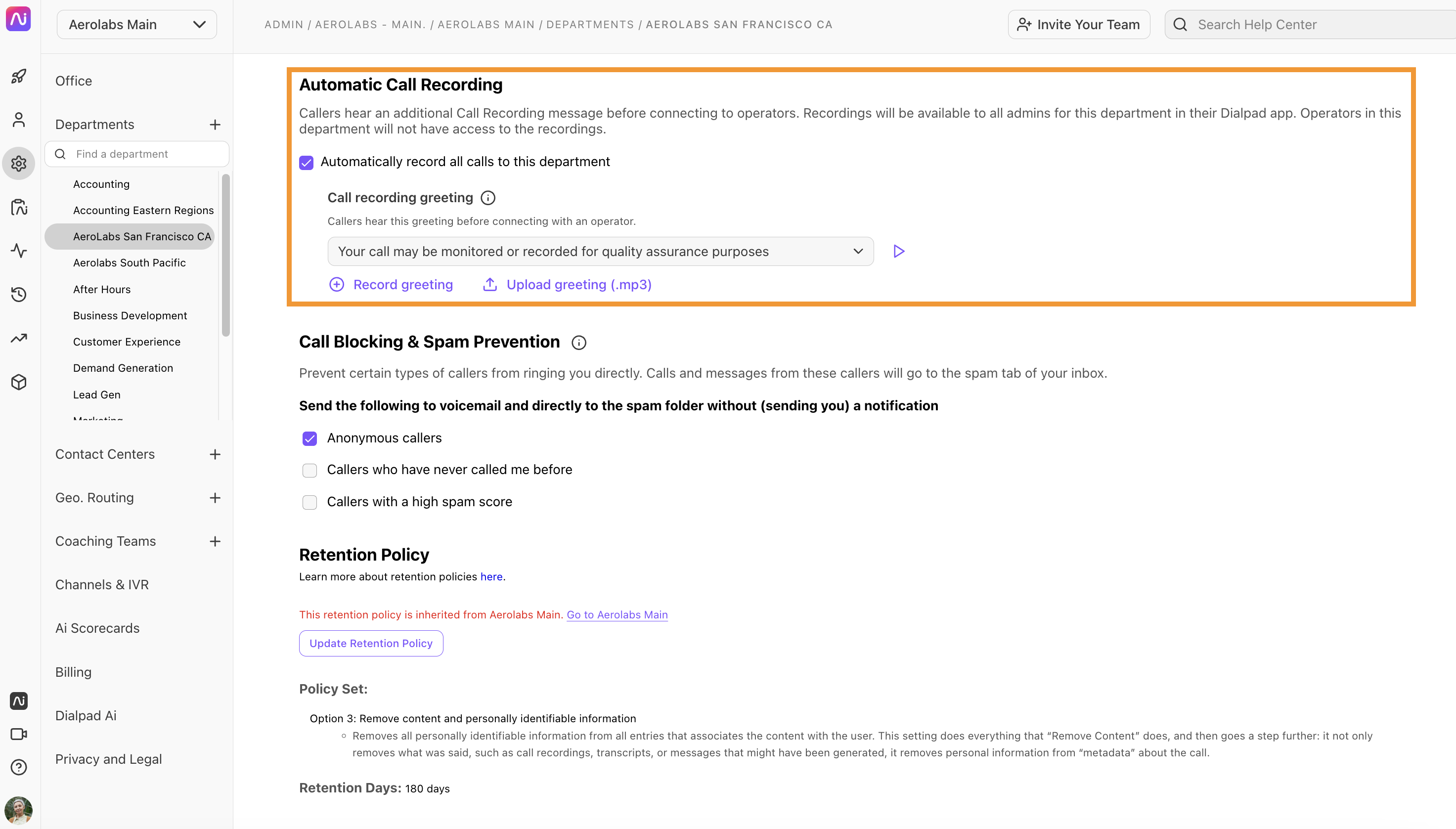 Automatic call recording settings.