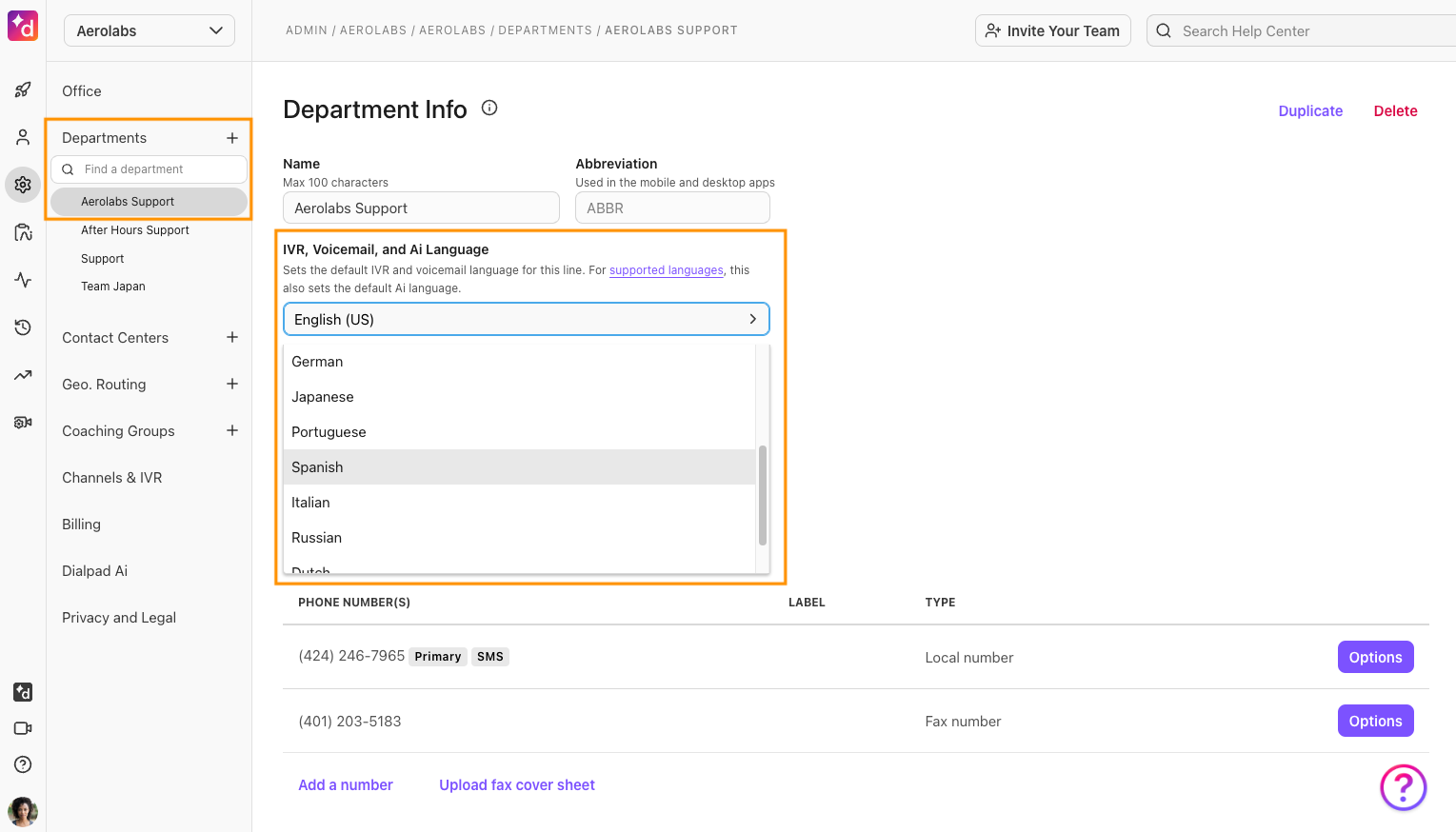 Image showing how to select language for IVR, Voicemail, AI Languiage.