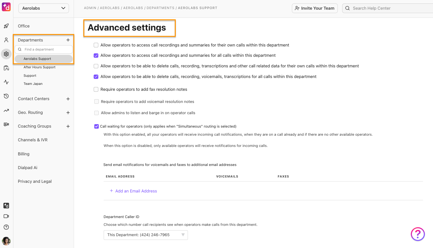 Advanced settings for departments.
