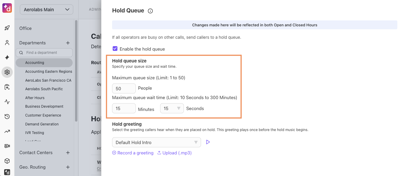Setting the hold queue size and wait.