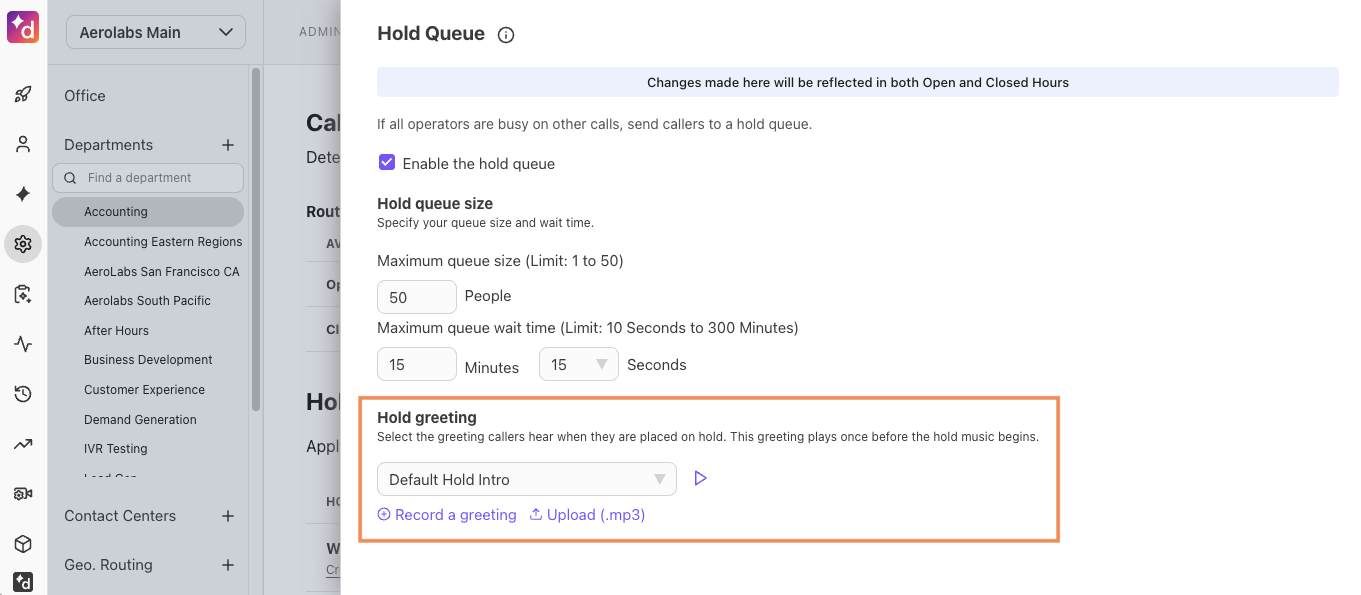 Settings the call queue hold greetings