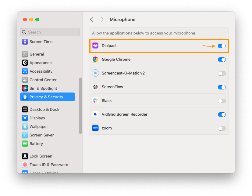 Screenshot of macOS System Settings showing Privacy & Security Microphone permissions, featuring an orange box and arrow highlighting the enabled toggle switch for Dialpad.