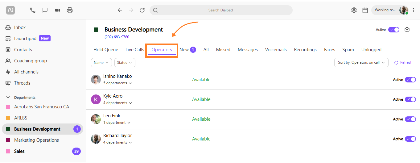Image highlighting the operators tab in the Department inbox.