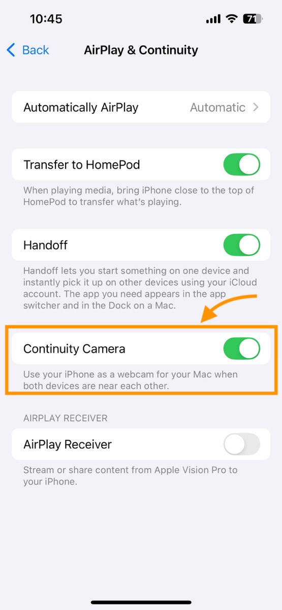 The iOS Settings menu, showing the options for AirPlay & Continuity. The Continuity Camera option is highlighted.