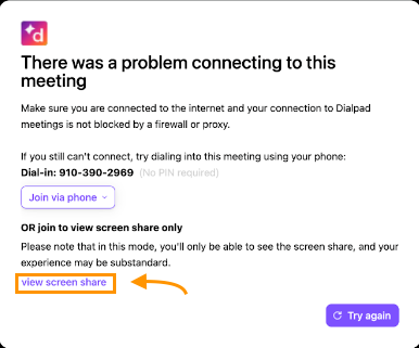 View screen share button from the pop-up message