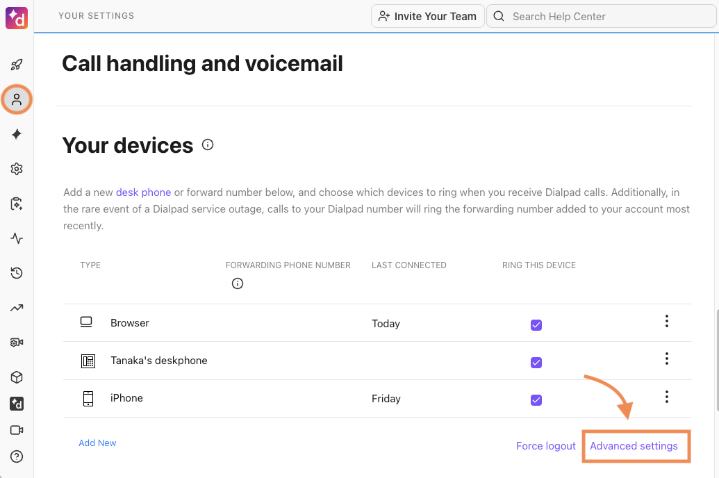 Screenshot of the Dialpad web app under Your Settings, featuring an orange circle around the user profile icon in the sidebar and an orange arrow pointing to a box around the 'Advanced settings' link below the Your Devices section.