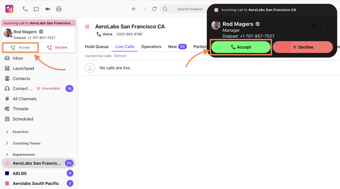 Screenshot of an incoming department call notification banner in the Dialpad app, showing caller information alongside Accept and Decline buttons.