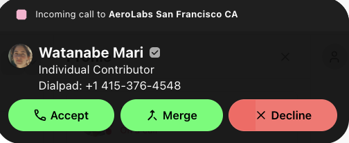 Screenshot of an incoming call waiting banner displaying a second incoming call while on an active call, with buttons for Accept, Merge, and Decline.