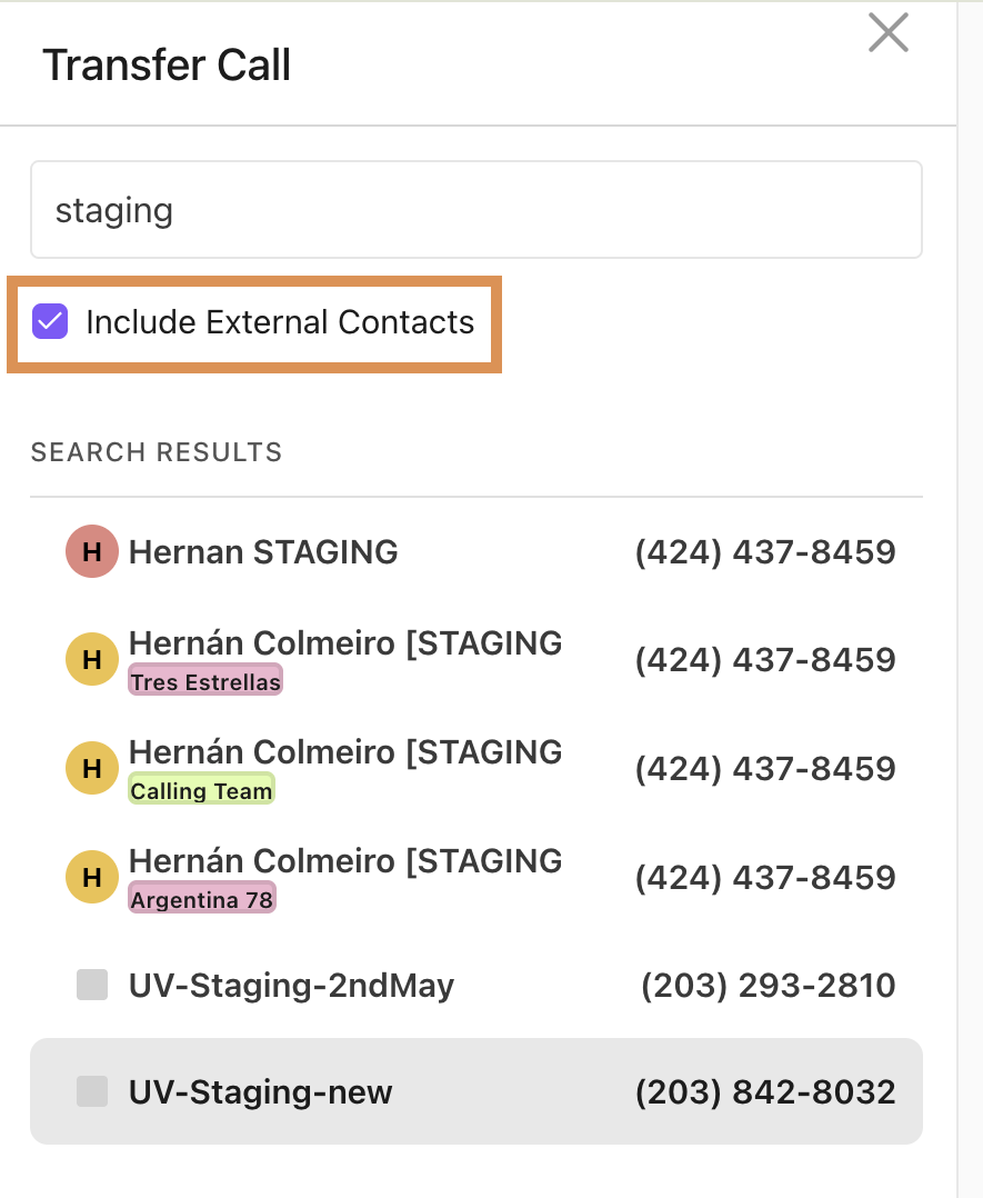 Screenshot of the transfer contact search menu highlighting the "Include External Contacts" checkbox.