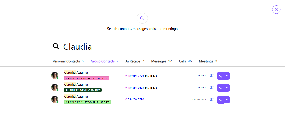 Screenshot of search results in Dialpad displaying contact card details, color-coded tags, and associated department names.
