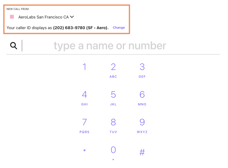 Screenshot of the Dialpad dialer showing the sender drop-down menu expanded to select a department phone number for outbound calling.