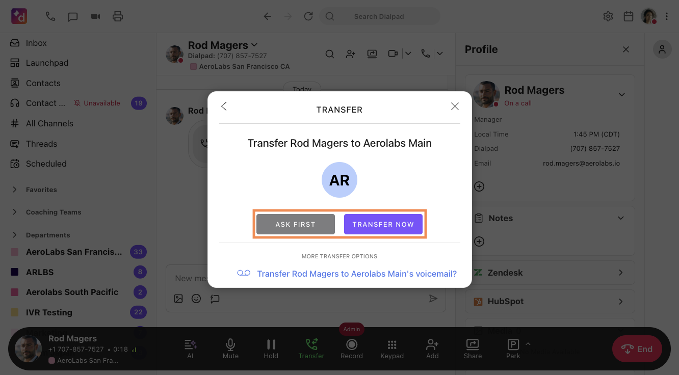 Screenshot of the transfer options showing the choice between "Ask First" (warm transfer) and "Transfer Now" (blind transfer).