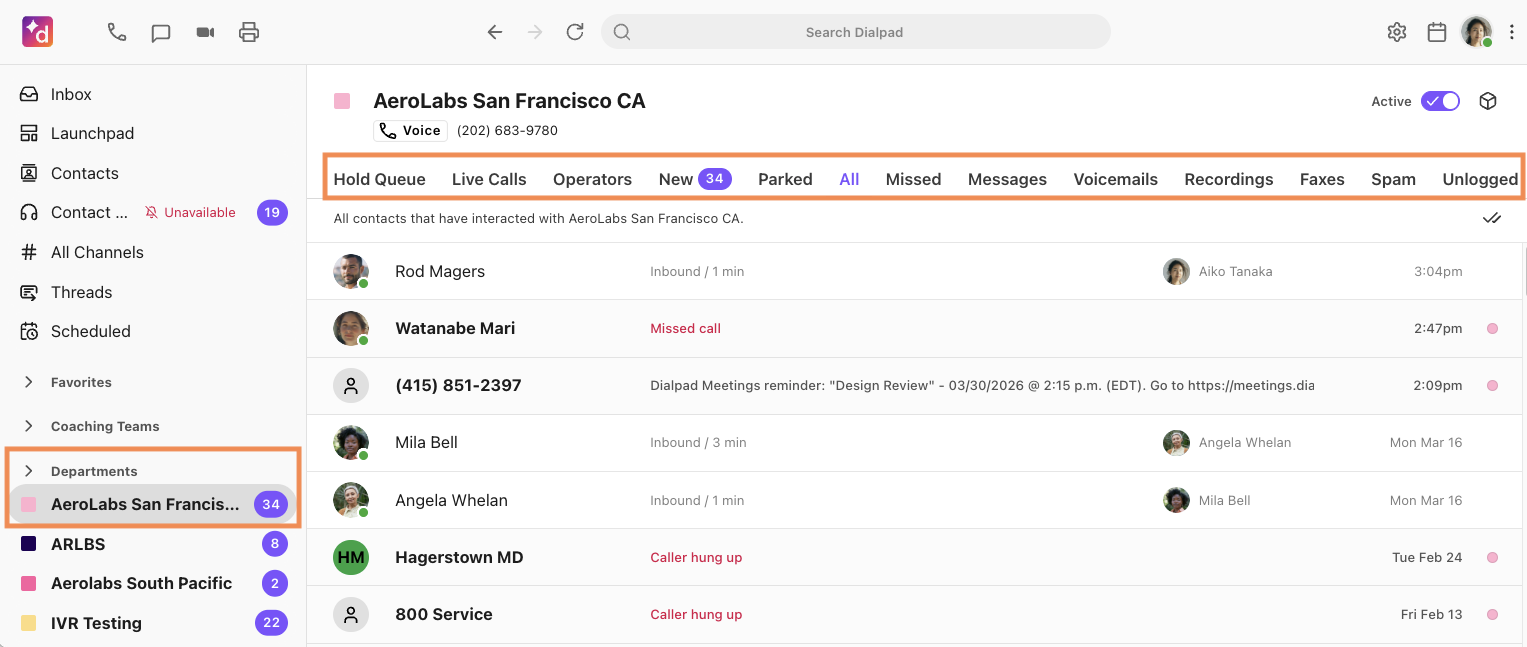Screenshot of the Dialpad Department Inbox navigation sidebar highlighting tabs for hold queue, live calls, missed calls, voicemails, and recordings.